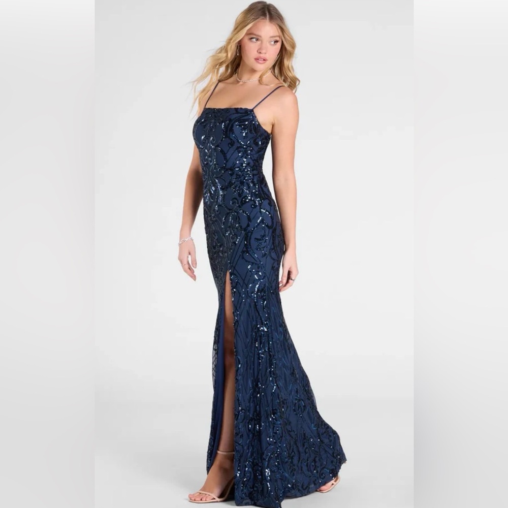 Navy blue sequin spaghetti strap high slit formal prom dress S